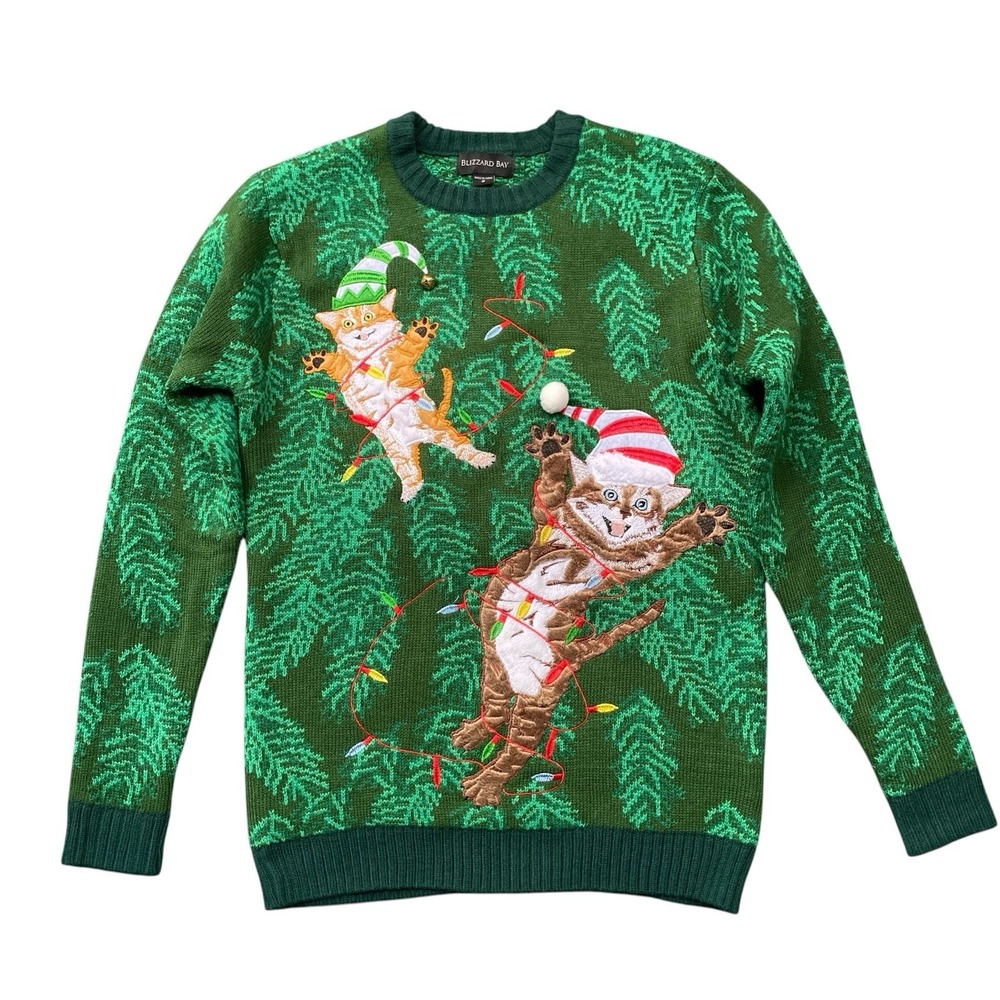 Ugly Christmas Sweater Cats Bell Pom Pom Unisex Adult Size S Green Holiday Party